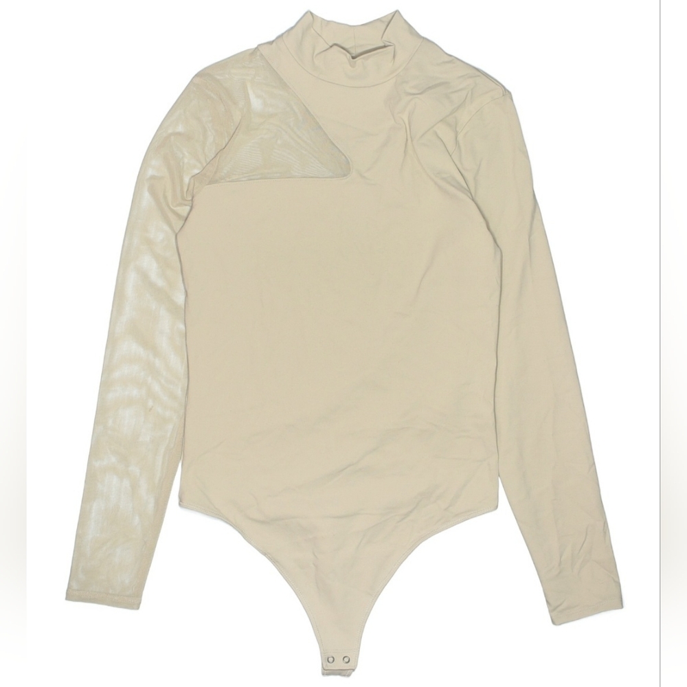 A&F light nude high, mock neck Long-Sleeve bodysuit w/ mesh cutouts size Medium